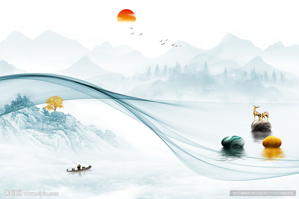 新中式意境丝绸飘带麋鹿山水背景