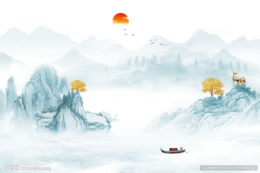 新中式蓝色山水情意境水墨背景墙