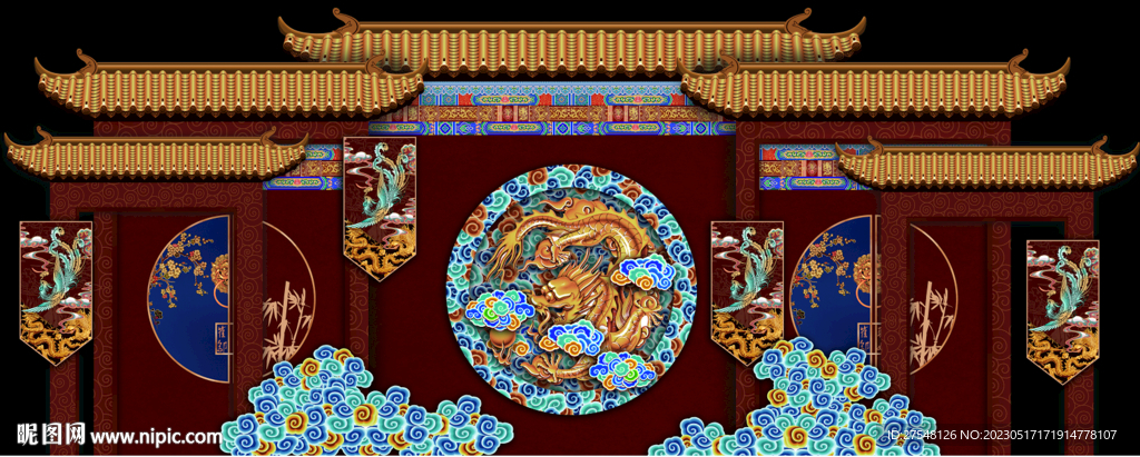 中式复古红色婚礼房檐龙凤造型