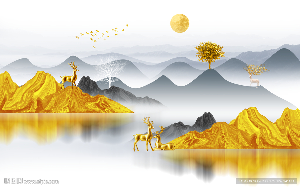 麋鹿山水装饰画背景墙