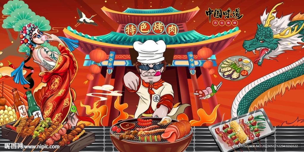 工装特色烤肉背景墙画图片