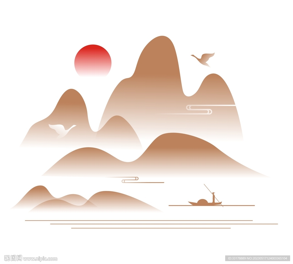 中式中国风古典山纹渔船飞鸟