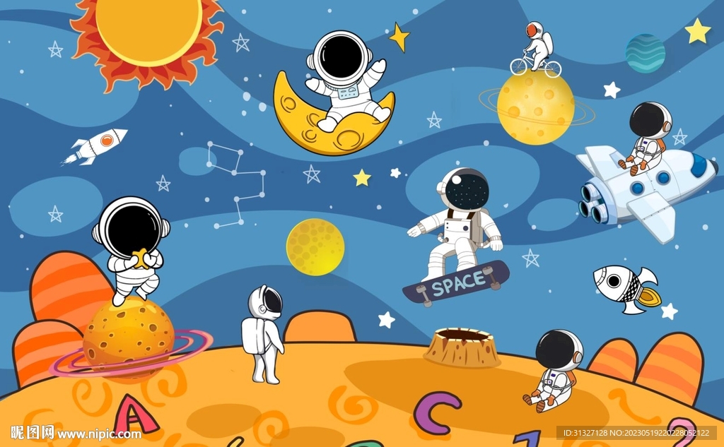 卡通太空人儿童房背景墙