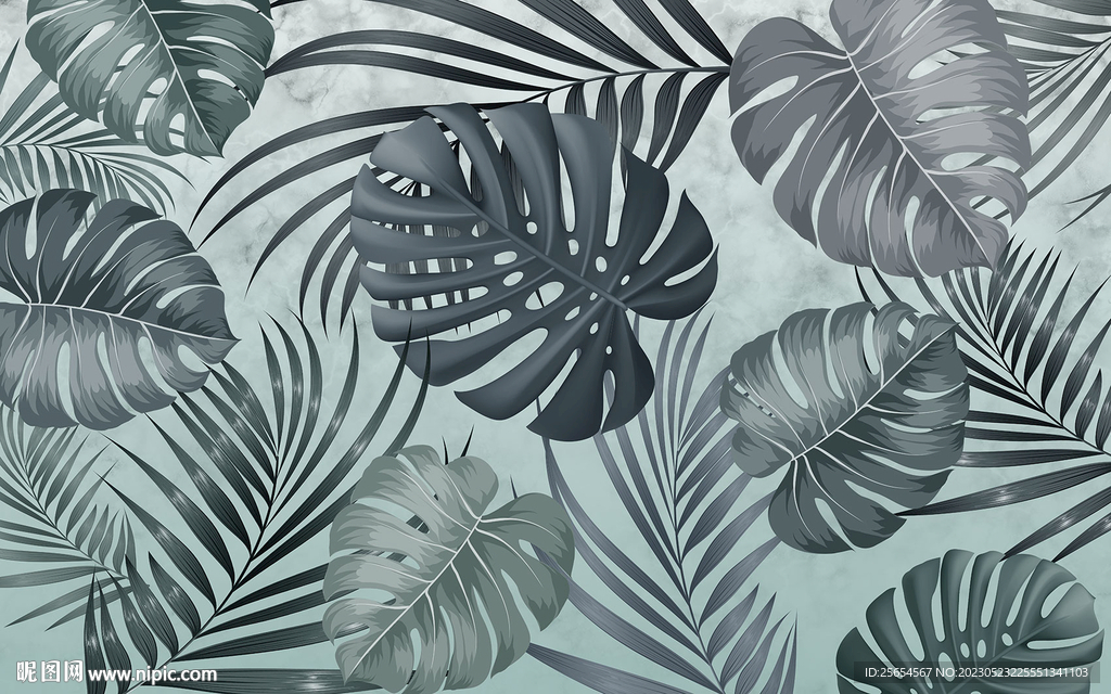 美式热带植物叶子背景墙壁画