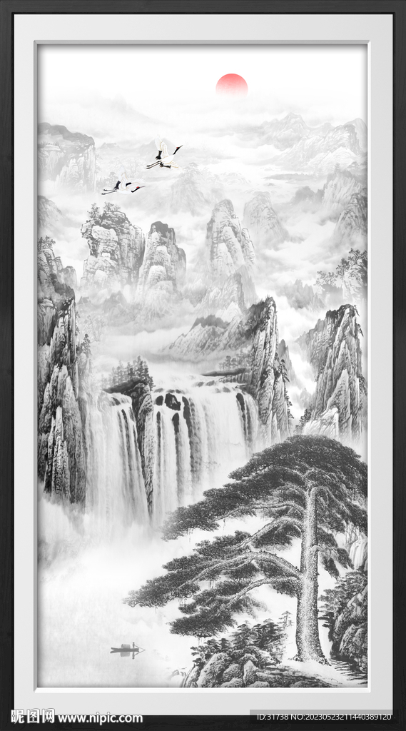 水墨迎客松玄关画