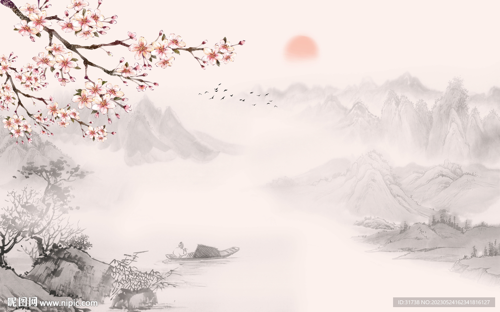 新中式床头梅花鸟画背景墙壁画