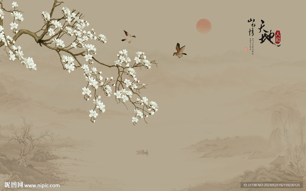 新中式玉兰花鸟画背景墙壁画