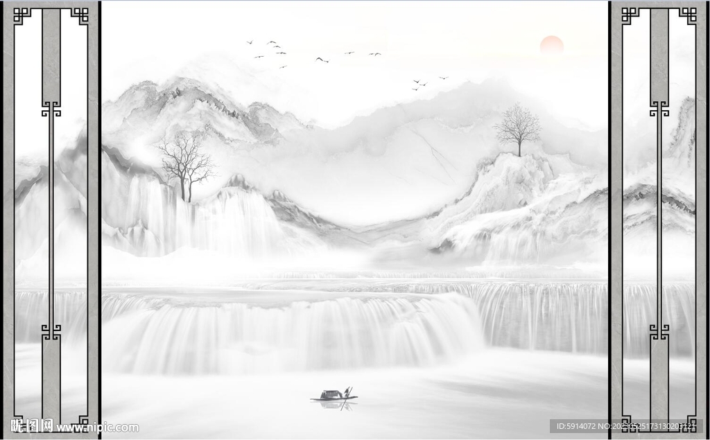 水墨山水画大理石背景墙 船