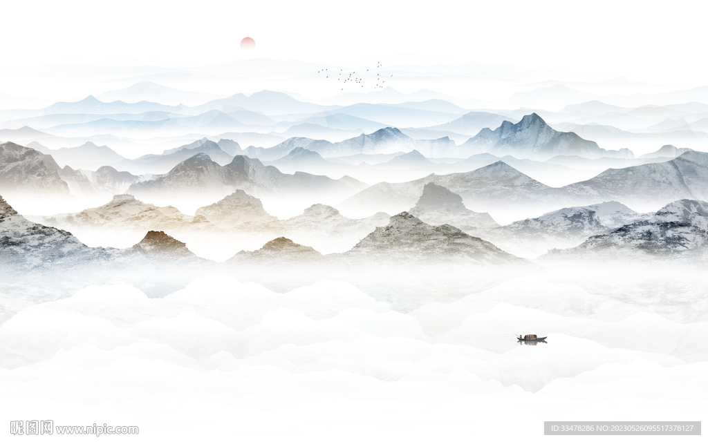 中式水墨山水画电视背景墙