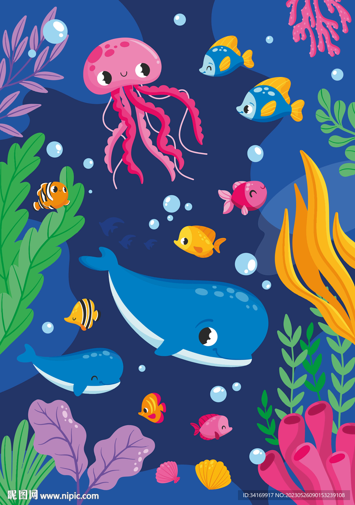 海底世界卡通鲸鱼珊瑚热带鱼背景