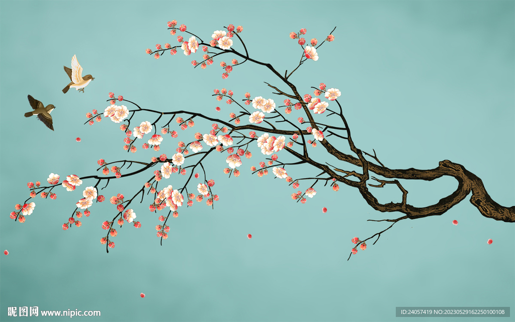 新中式工笔花鸟梅花背景墙装饰画
