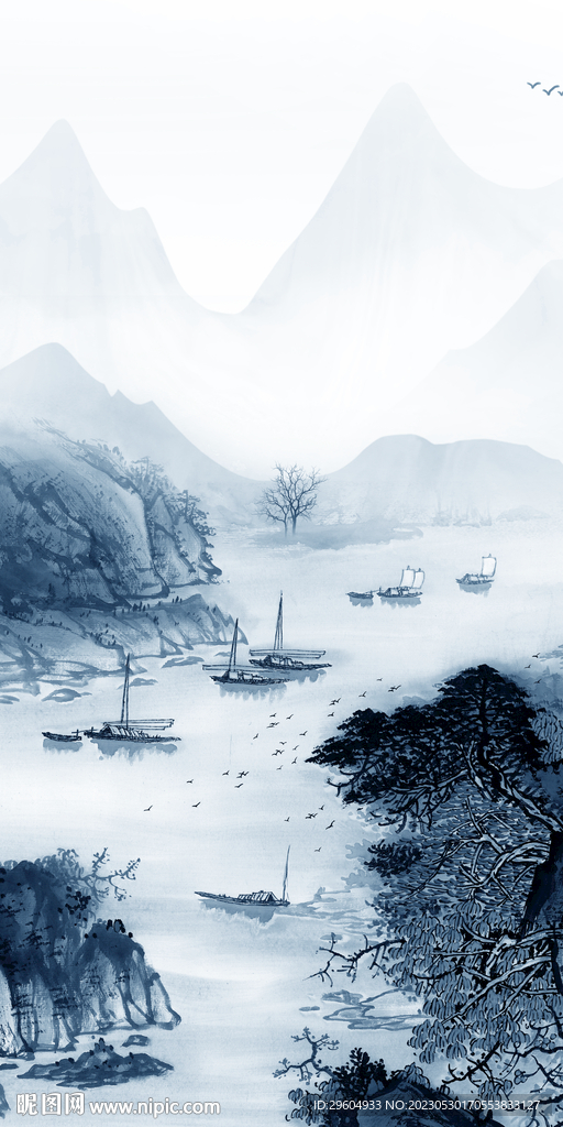 蓝色 高端玄关山水 tIF分层