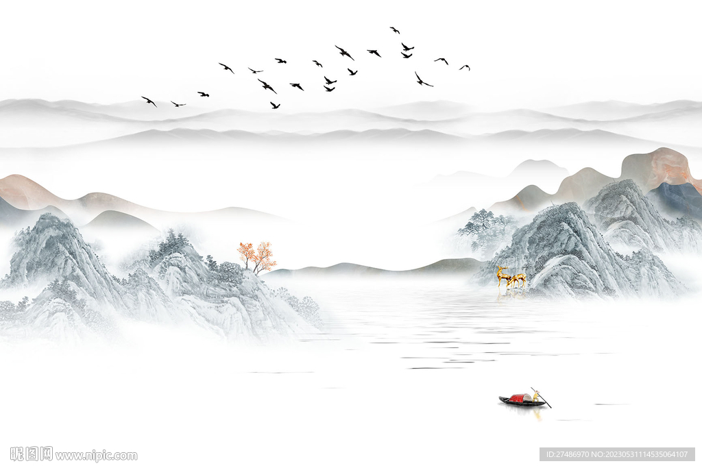 新中式山水飞鸟水墨画意境背景墙