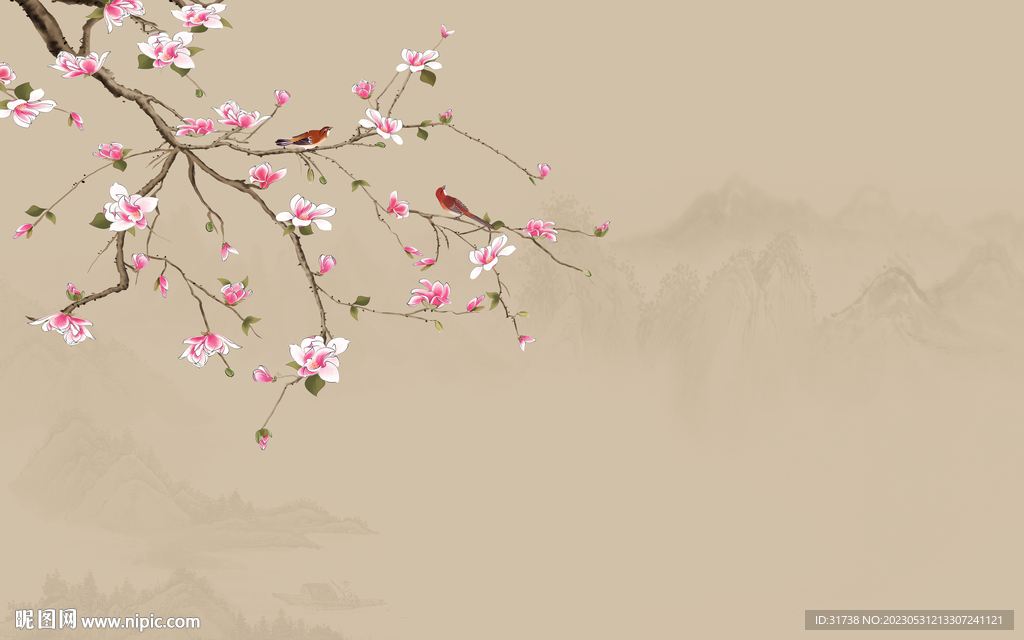 新中式山水工笔花鸟画背景墙