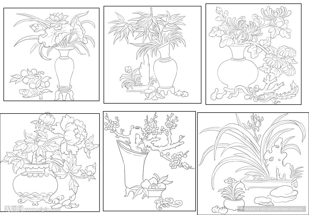 白描花瓶插花