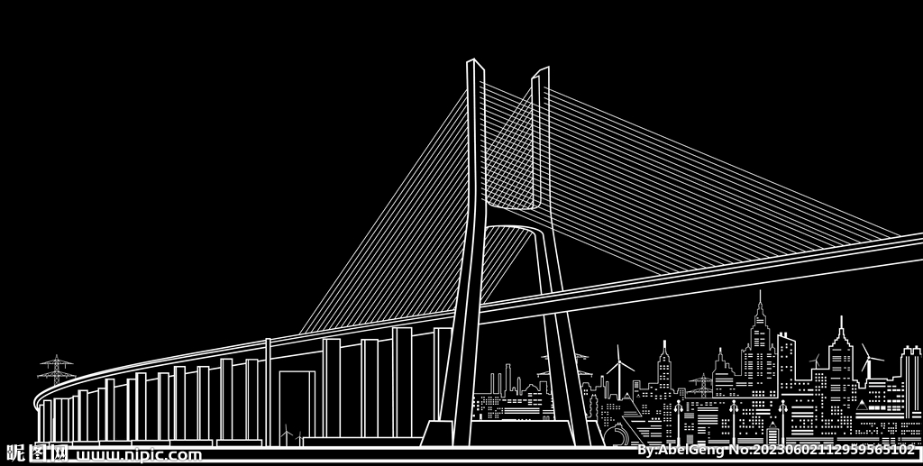 跨海大桥远景都市线稿矢量图