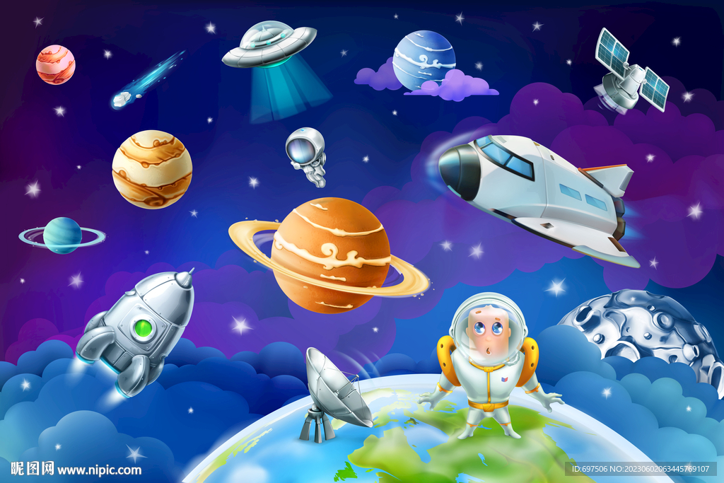 卡通太空宇宙星球宇航员火箭背景