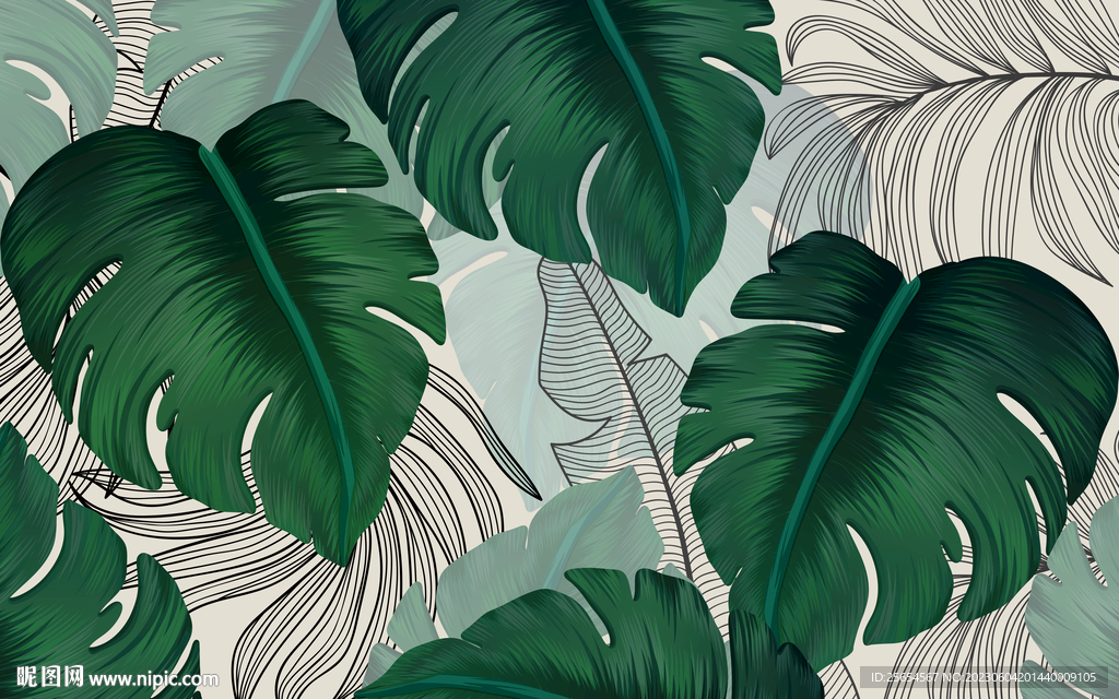 热带植物龟背叶沙发电视背景墙