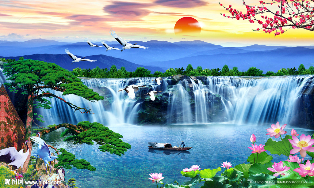 迎客松山水瀑布装饰画