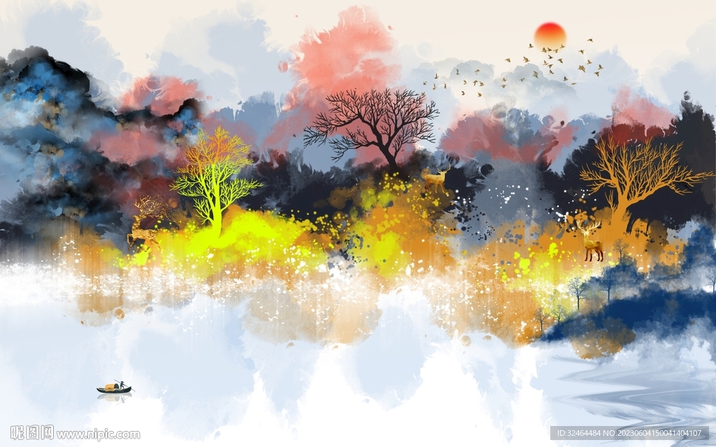 彩色意境水墨画