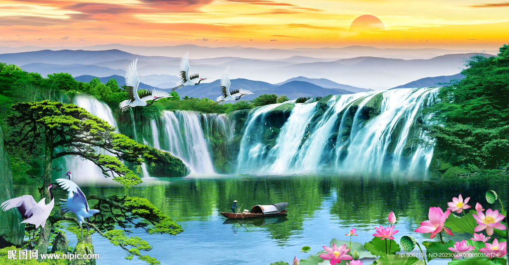 迎客松旭日东升山水画