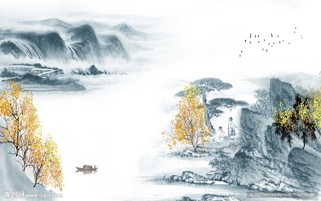 别墅 意境山水背景 Tif分层