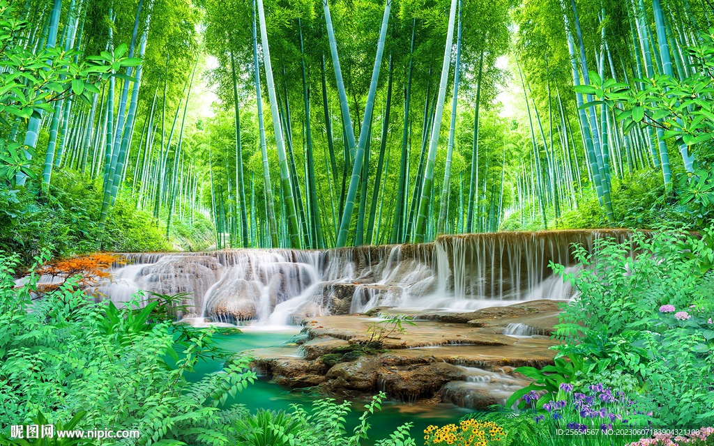 竹林流水生财3d风景背景墙