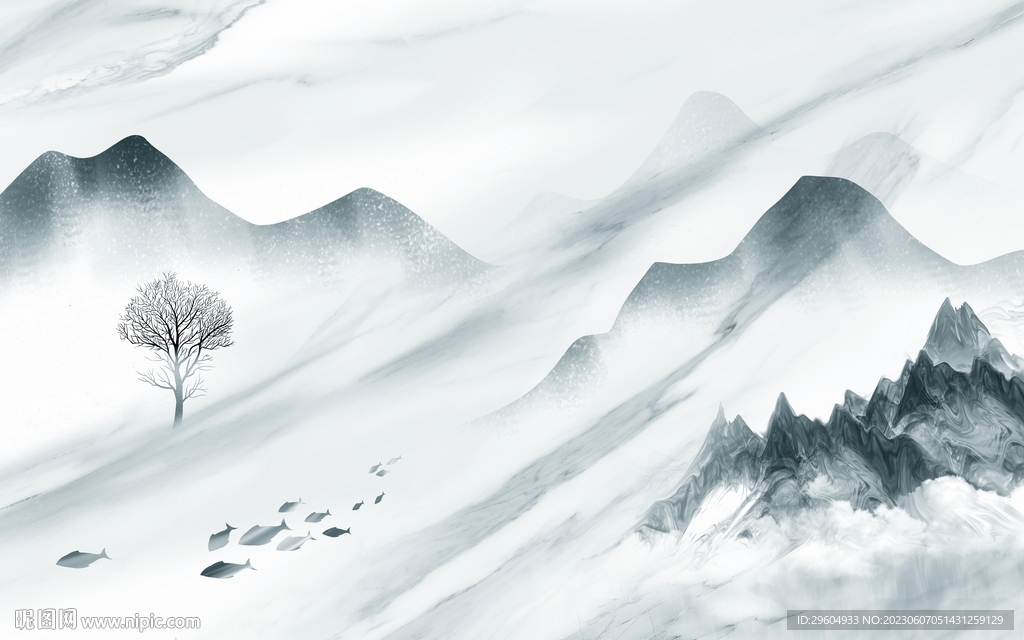 简约 客厅背景山水 TIf分层