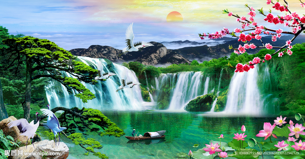 迎客松瀑布山水画