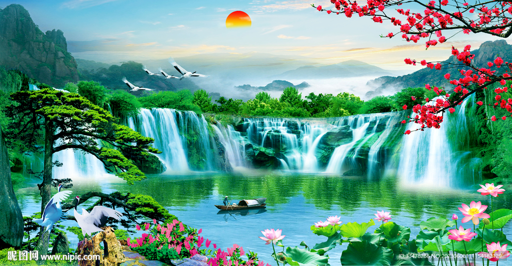 迎客松瀑布山水画