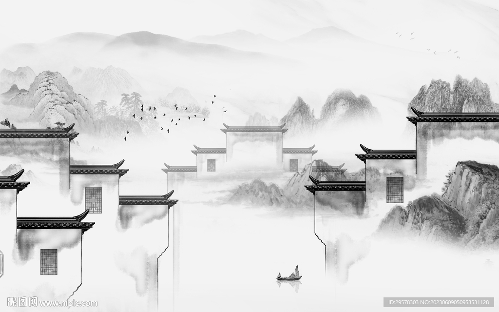 高清 灰色中式山水 TIf分层