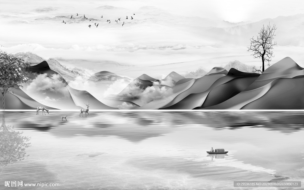 新品 高雅灰色山水 tIf分层