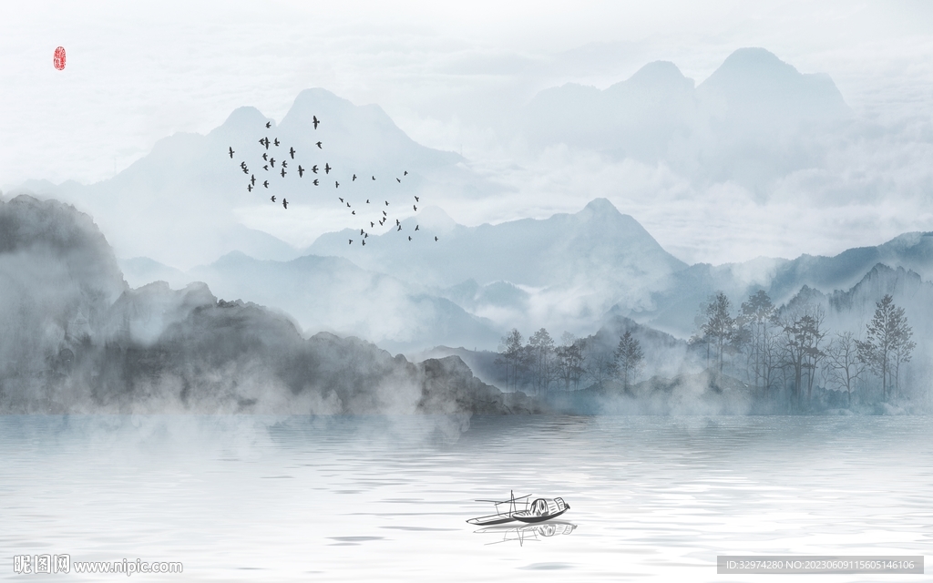 中式抽象水墨山水风景