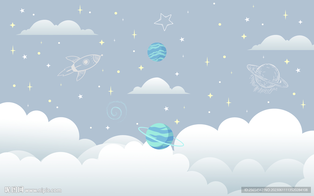 北欧ins手绘太空飞船背景墙