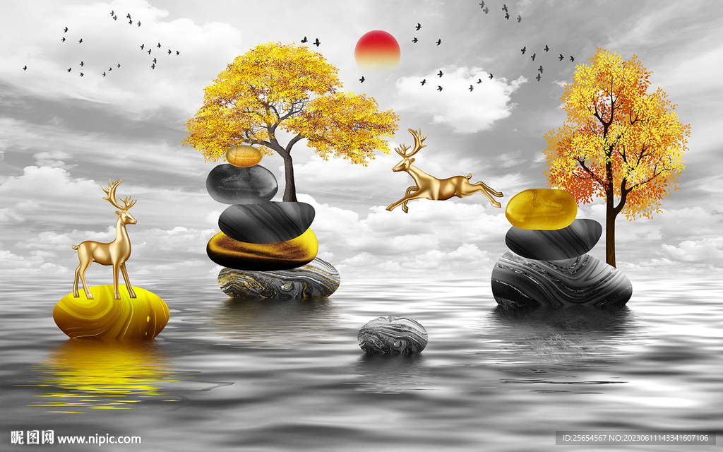 轻奢金色石头麋鹿发财树背景墙