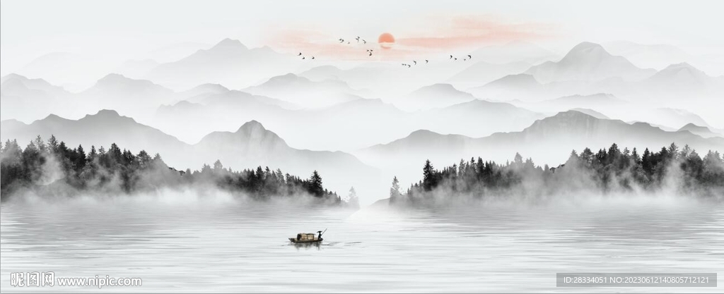新中式抽象水墨山水风景背景墙