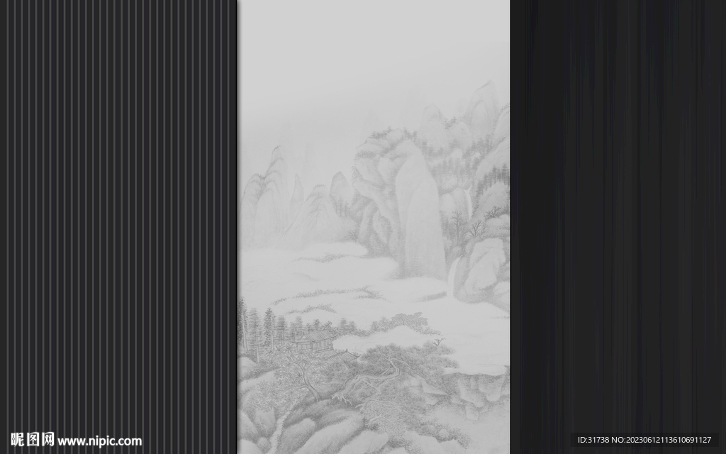 新中式格栅木纹山水画背景墙
