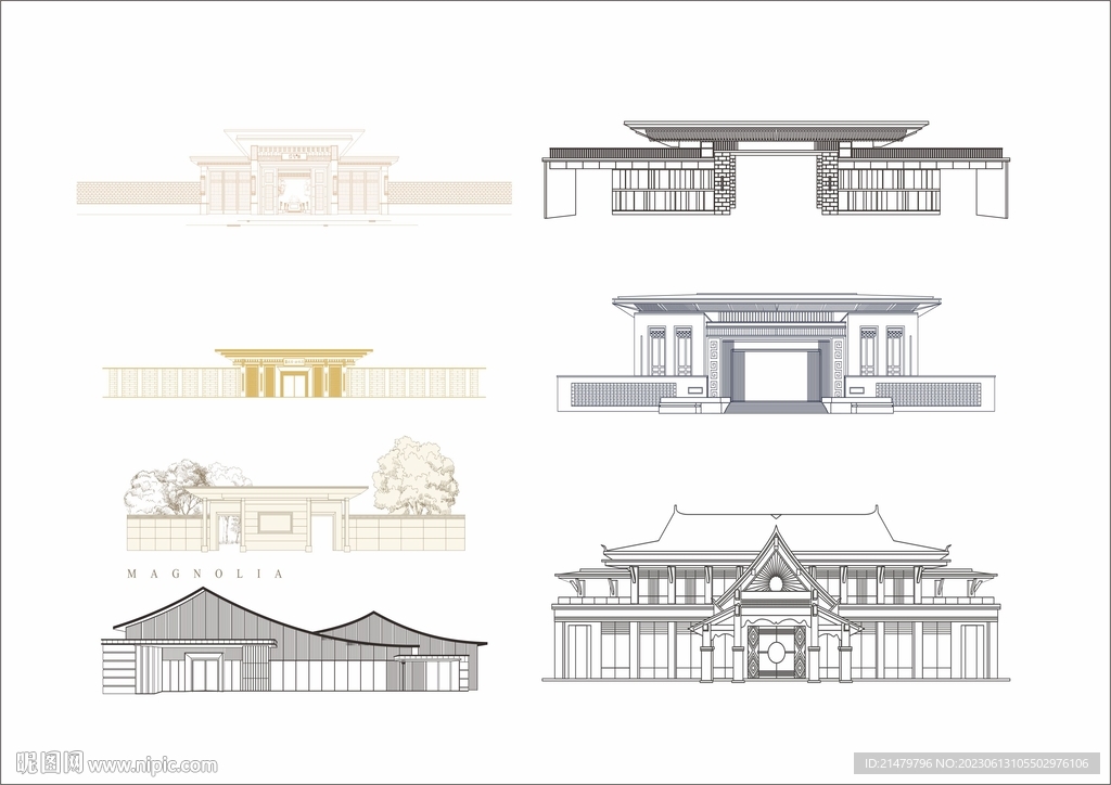 中式建筑大门线描    