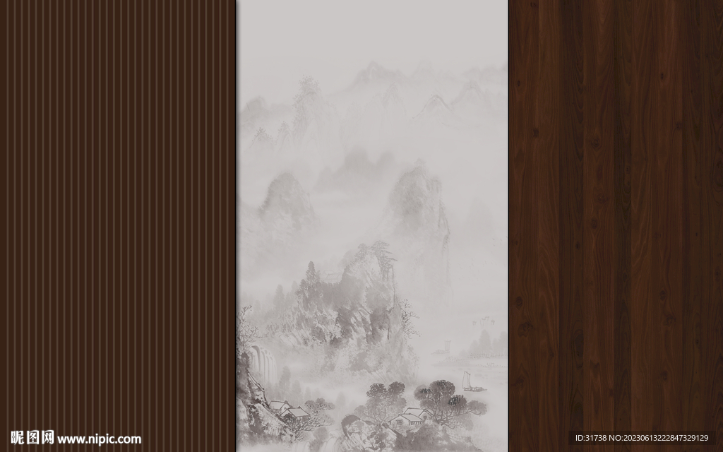 新中式格栅木纹山水画背景墙