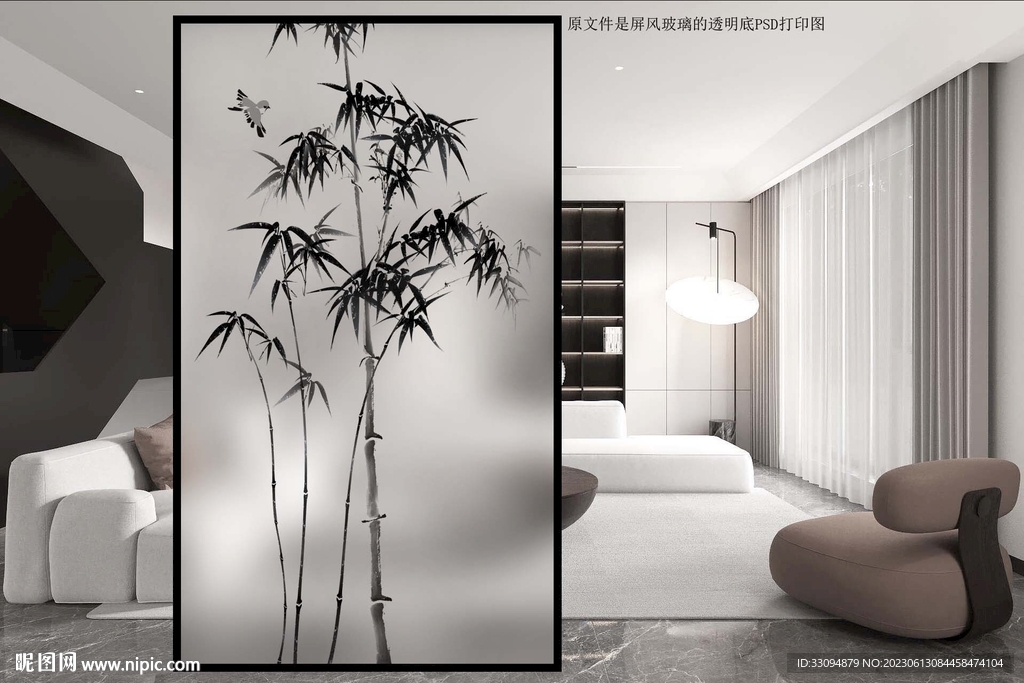 手绘竹子屏风玻璃打印图