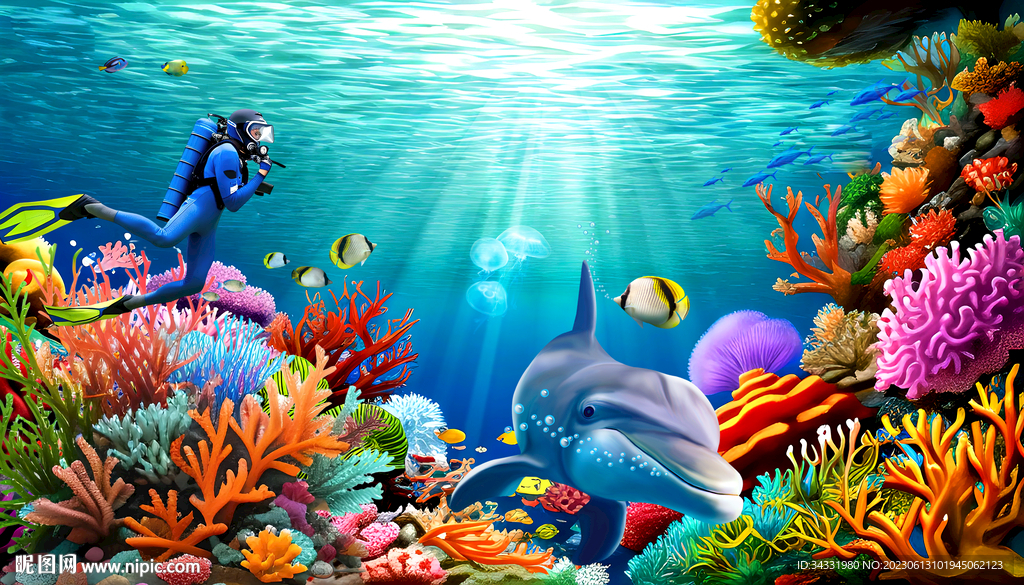 海底世界海洋馆热带鱼海豚背景墙