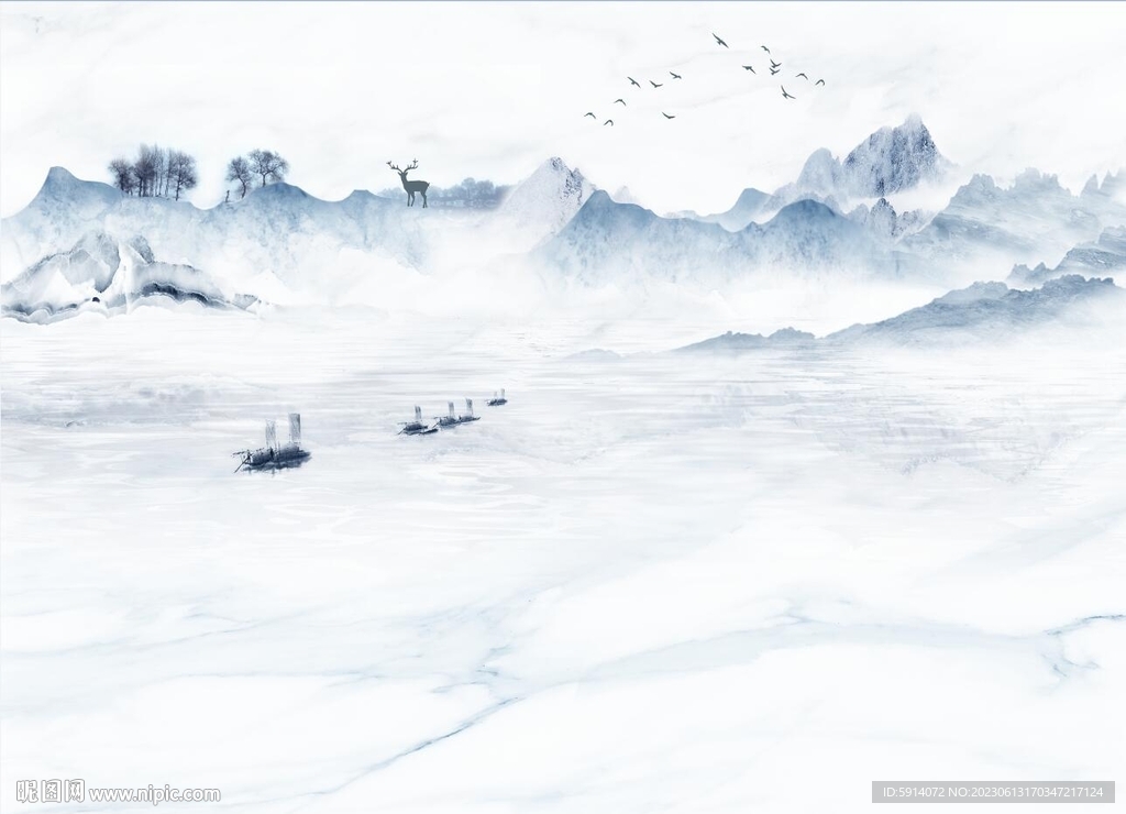 水墨山水画背景墙 装饰画 船
