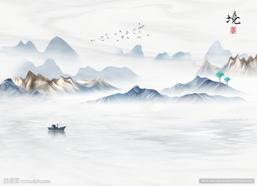 水墨山水画背景墙 装饰画 船
