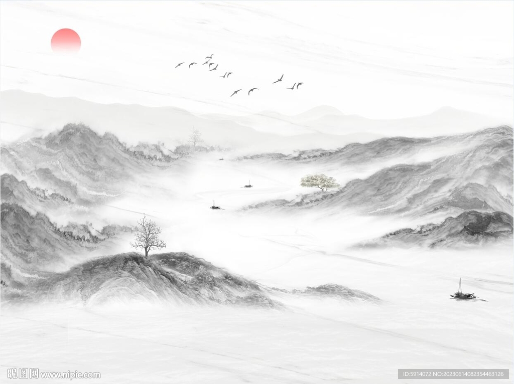 水墨山水画背景墙 装饰画 船