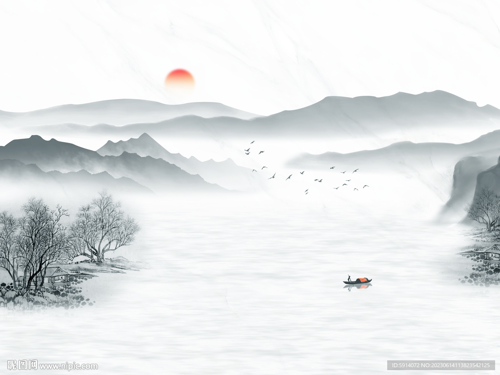 水墨山水画背景墙 装饰画 船