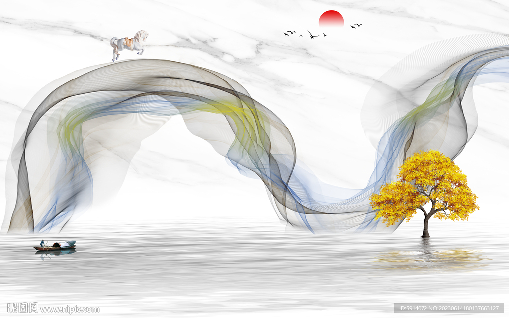 水墨山水画背景墙 装饰画船弧线