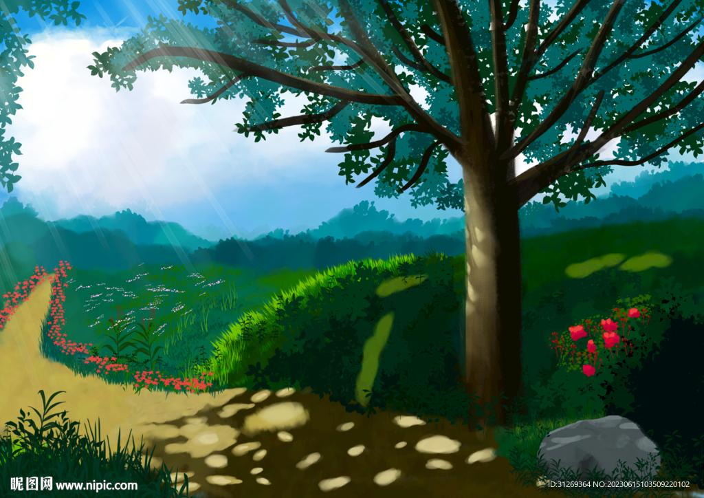 花草树石头乡间景色插画