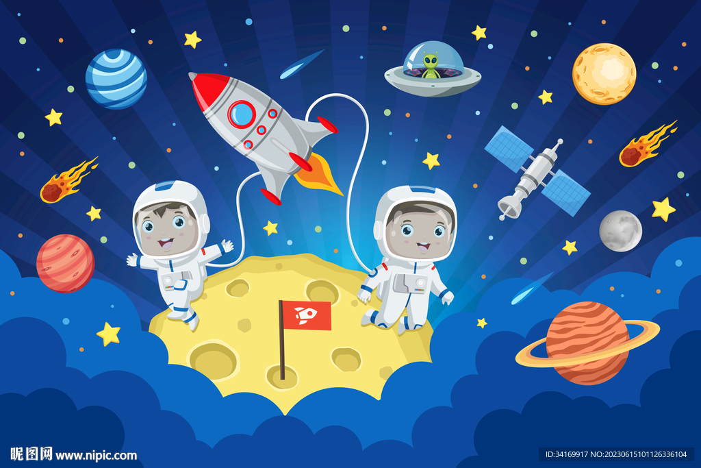 卡通太空宇宙星球宇航员火箭背景