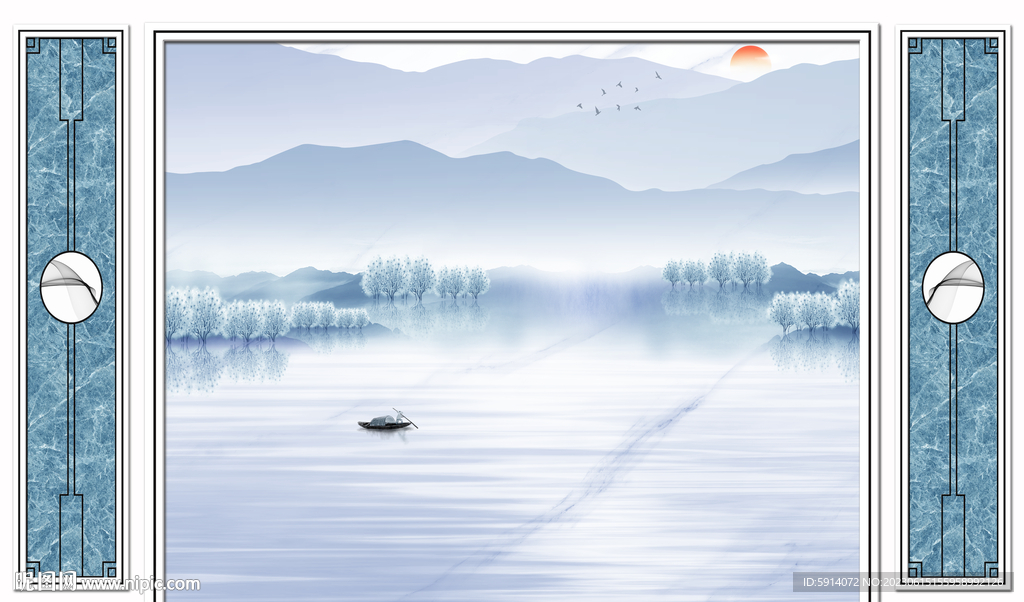 山水画大理石背景墙 装饰画船