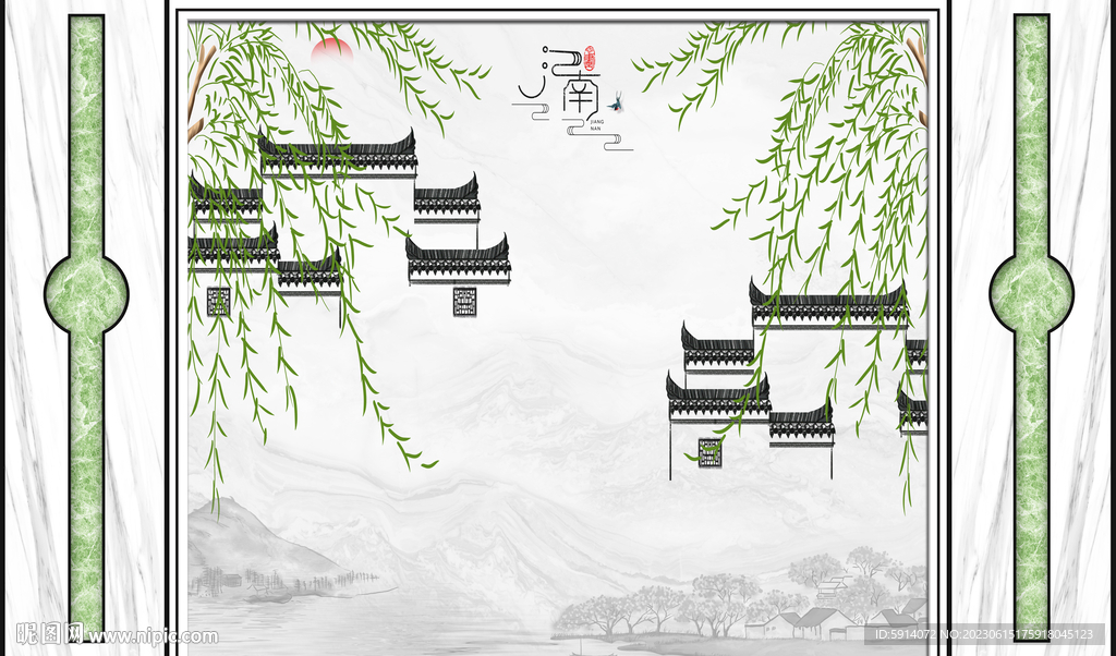 忆江南 山水画背景墙 柳枝